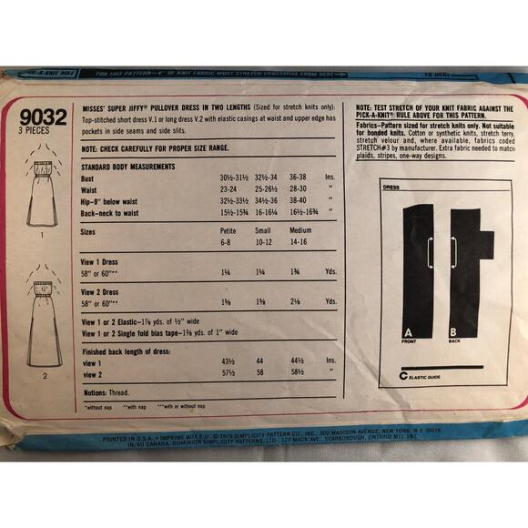 VINTAGE, RETRO, SIMPLICITY, 1979, DRESS, #9032, MEDIUM, SIZE 14-16 MISS - Picture 2 of 2